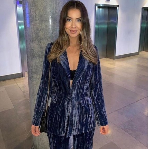 Topshop 2 PC Set Textured Velvet Blazer Jacket & Trouser Pant Blue Size 2 - Picture 15 of 16